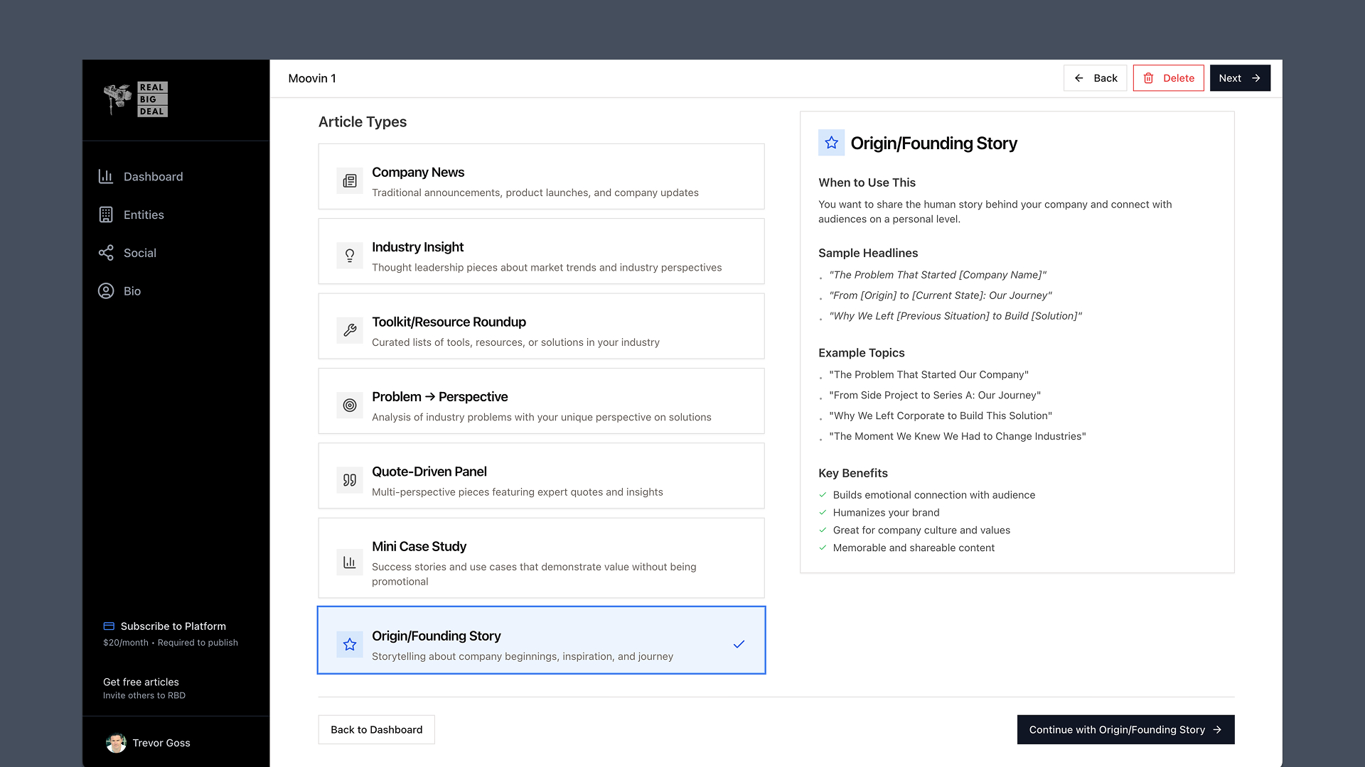 Real Big Deal Article Types interface