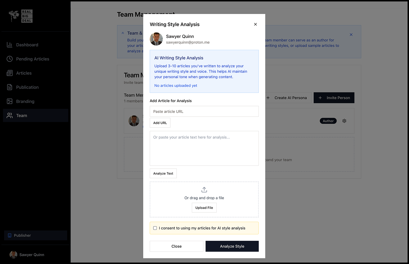 Real Big Deal Writing Style Analysis interface